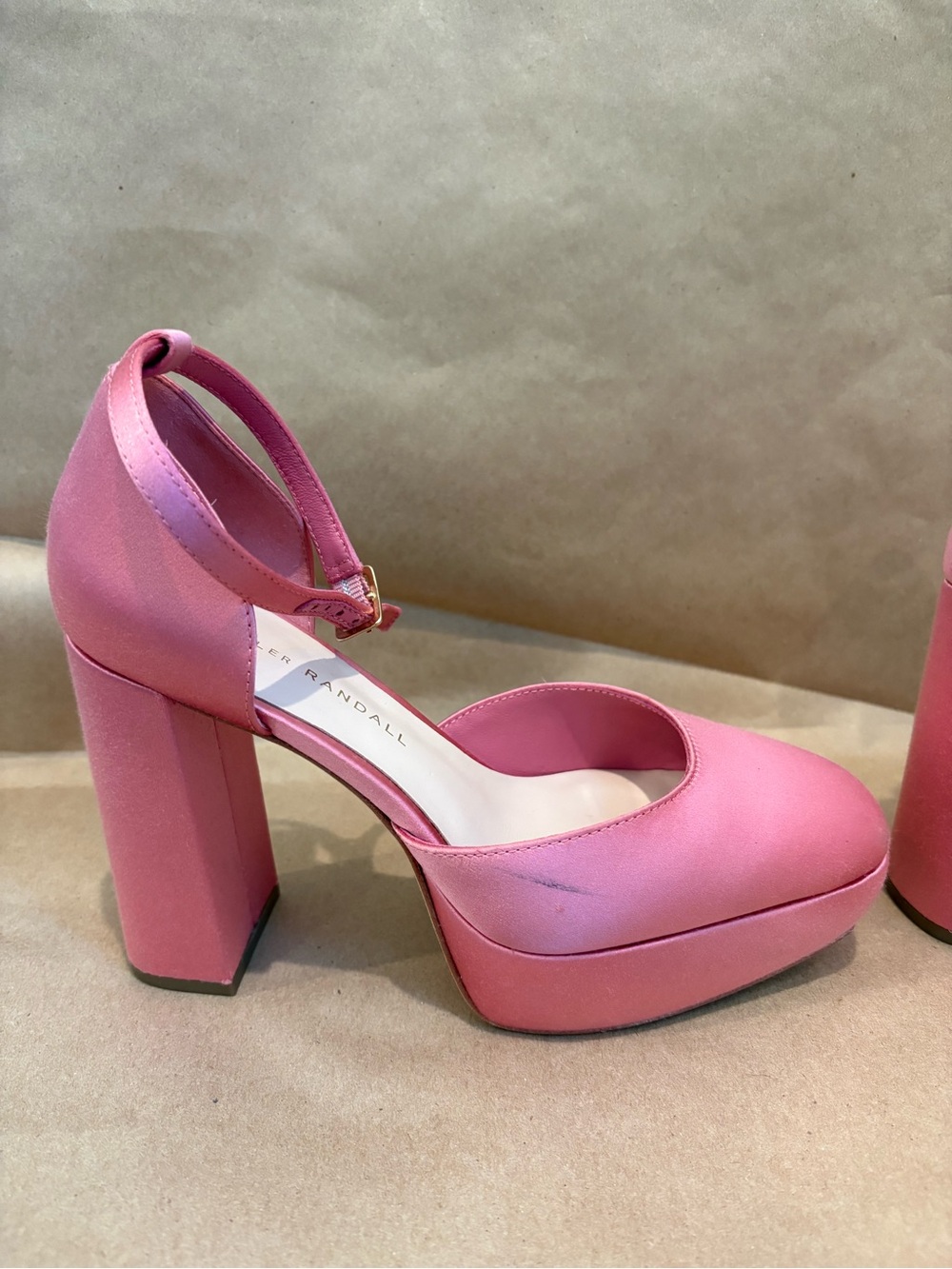 Loeffler Randall Selina Closed Toe Pink Satin Ankle-Strap Block Heels - Picture 7 of 10